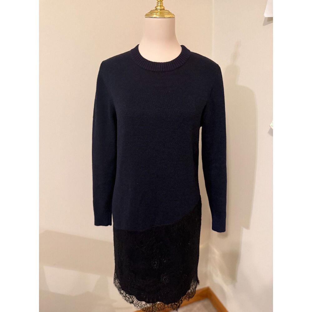 Thakoon Collective Asymmetric Lace Sweater Dress Women’s S Navy Black Wool Blend